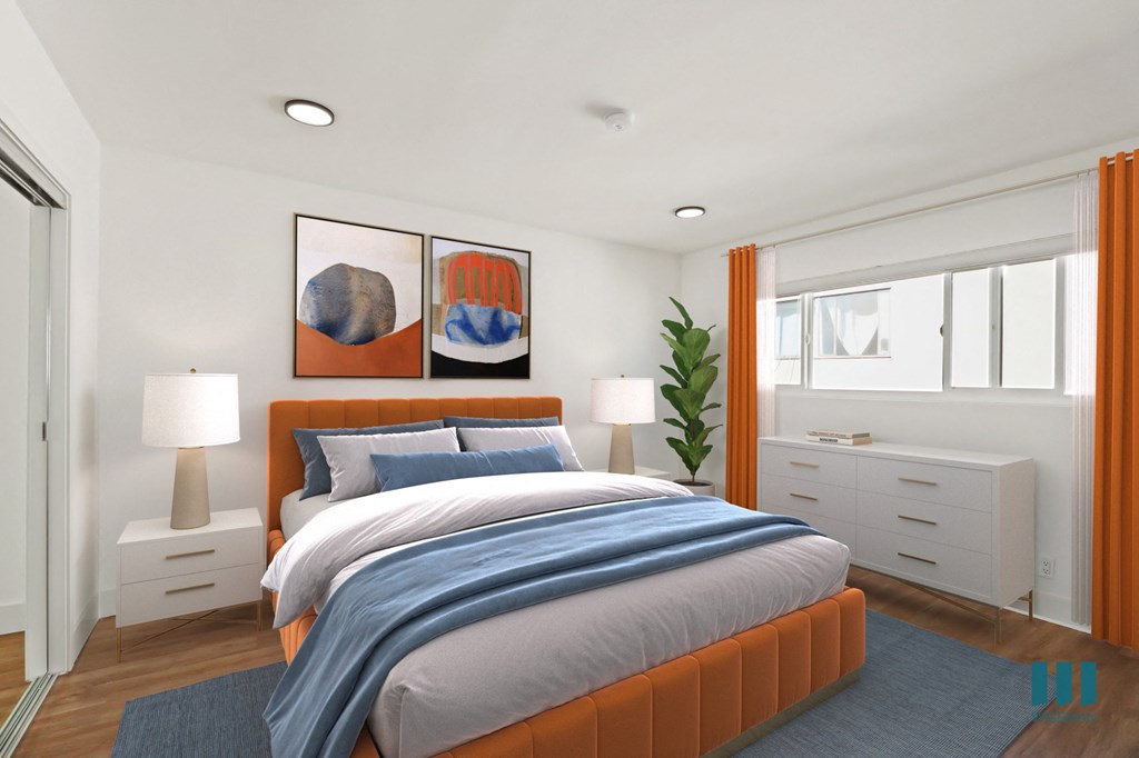 Bedroom with Vinyl Flooring and Mirrored Closet