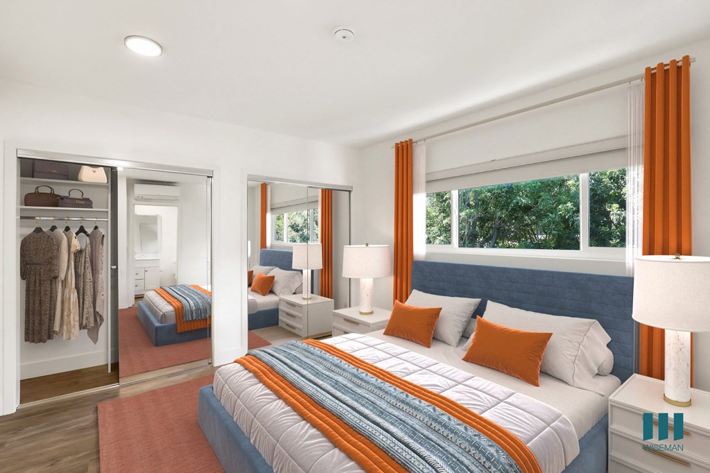 Bedroom with Mirrored Closet Vinyl Flooring, and Recessed Lighting