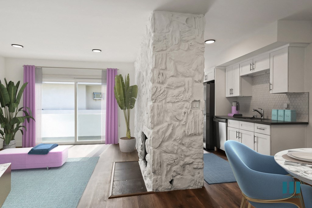 Kitchen, Dining, and Living Room Space with Patio