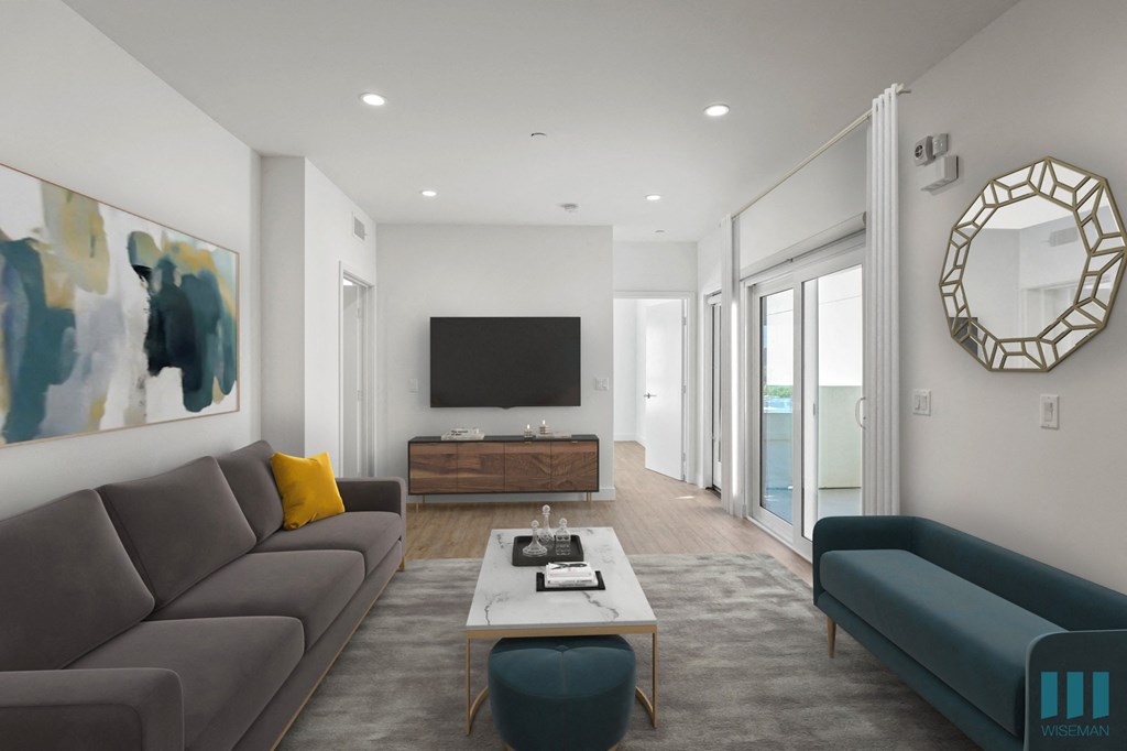 Large-Size Living Room with Recessed Lighting, Vinyl Flooring, and Patio