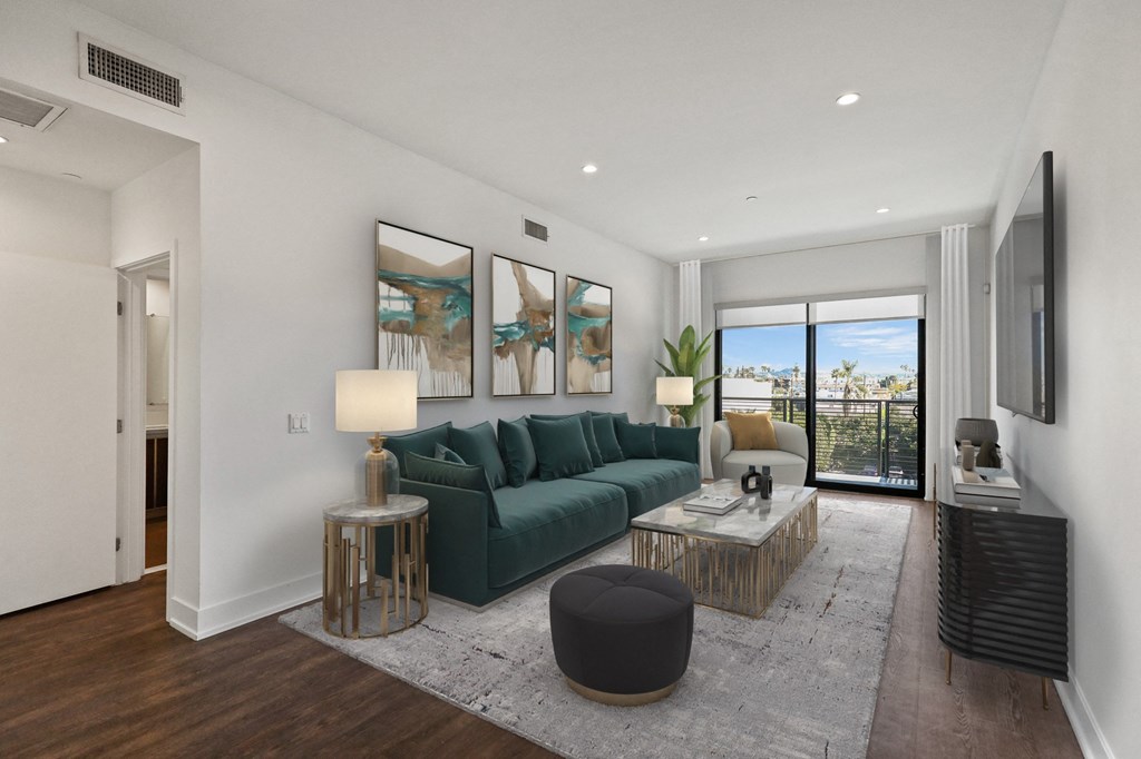 Living Room with Vinyl Flooring, Recessed Lighting, and Balcony