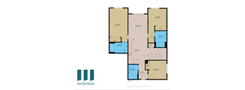 A floor plan for a home with a living room, two bedrooms, a bathroom, a kitchen, a laundry room, and a clo