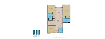 A floor plan for a Wise Man property shows two bedrooms, a living room, a bathroom, a kitchen, and an entry area.