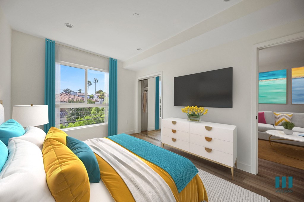 Bedroom with Large-Size Windows, Vinyl Flooring, Walk-In Closet, and Bathroom