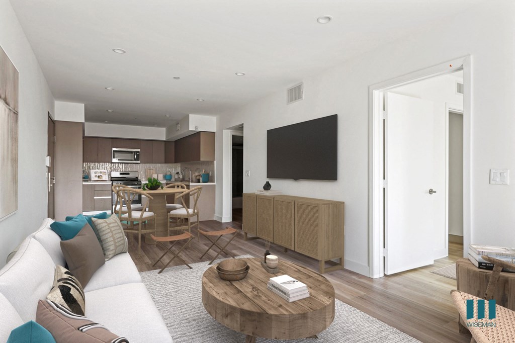 a living room with a couch and a table