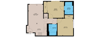 A floor plan of a house with a laundry room, kitchen, and three bedrooms.