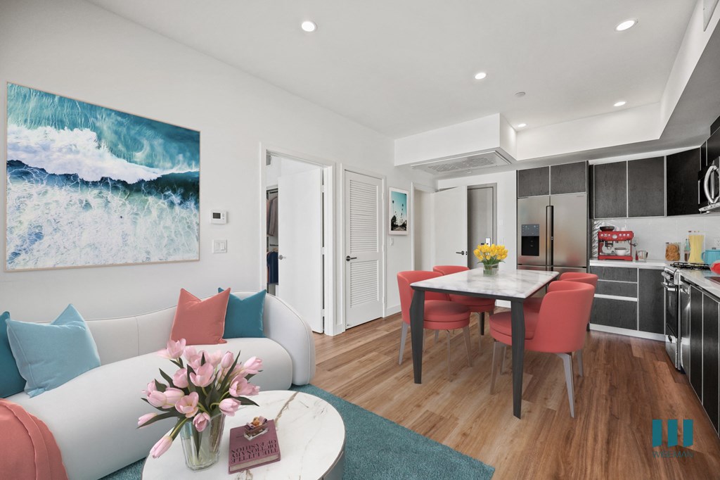 Kitchen, Dining, and Living Room with Recessed Lighting and Vinyl Flooring - Dunn Floor Plan