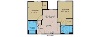 A floor plan of a house with two bedrooms, a living room, a kitchen, a bathroom, and a laundry area.
