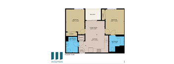A floor plan of a home with two bedrooms, a living room, a kitchen, a bathroom, and a laundry area.