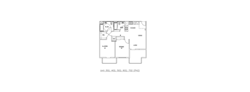 A floor plan of a unit with a kitchen, living room, and two bedrooms.
