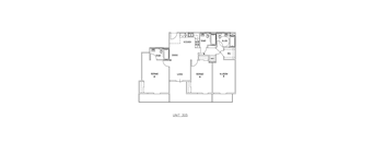A floor plan of a unit with a kitchen, dining and living room.