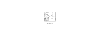 A floor plan of a kitchen and dining area with a unit number listed.