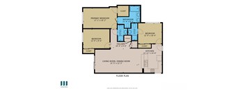 A floor plan of a house with a living room, dining room, kitchen, two bedrooms, a bathroom, and a storage area.