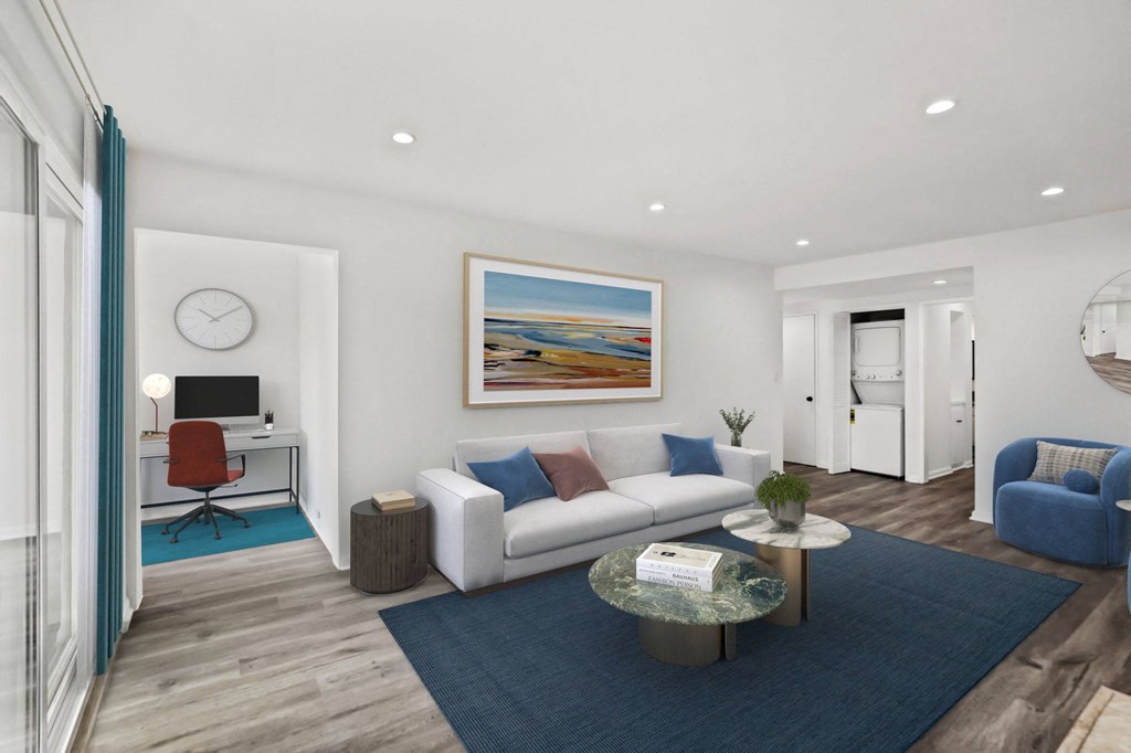 Living Room with Office Space and In-Suite Washer & Dryer
