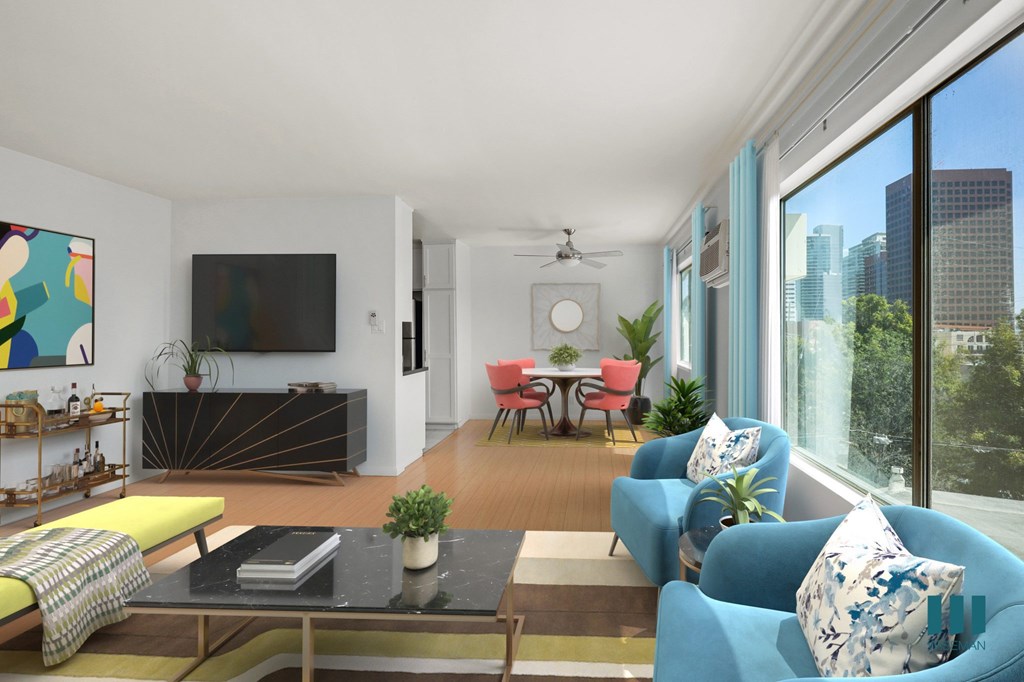 Open-Conecpt Dining and Living Room Space with Large-Size Windows and Vinyl Flooring