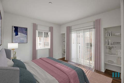Bedroom with Built-In Shelving, Large-Size Windows, and Patio