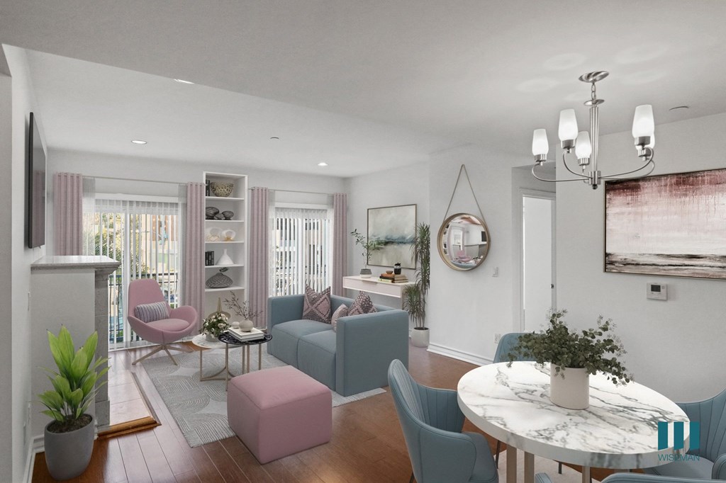 Dining and Living Room Space with Electric Fireplace, Vinyl Flooring, and Balcony