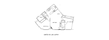 A drawing of a floor plan for units 101, 201, and PH1.