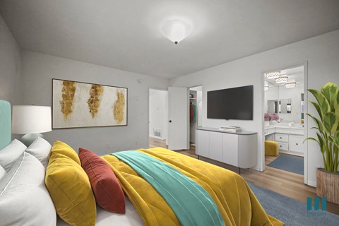 A bedroom with a bed covered in yellow and red pillows.