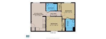 A floor plan of a home with a kitchen, living room, dining room, and two bedrooms.