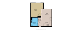 A floor plan of a room with a bedroom, bathroom, living/dining room, kitchen, and laundry area.