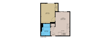 A floor plan of a room with a bedroom, bathroom, living/dining room, kitchen, and entry.