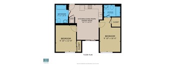 A floor plan of a house with two bedrooms, a bathroom, a kitchen/living room, and a closet.