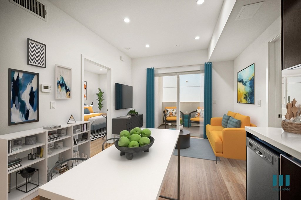 Open-Concept Kitchen, Dining, adn Living Room Area with a Patio - Overland Floor Plan