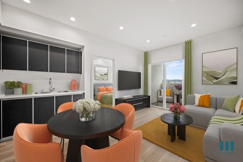 A modern living room with a black table and orange chairs.