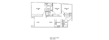 A floor plan of a living space with a kitchen, dining area, and three bedrooms.