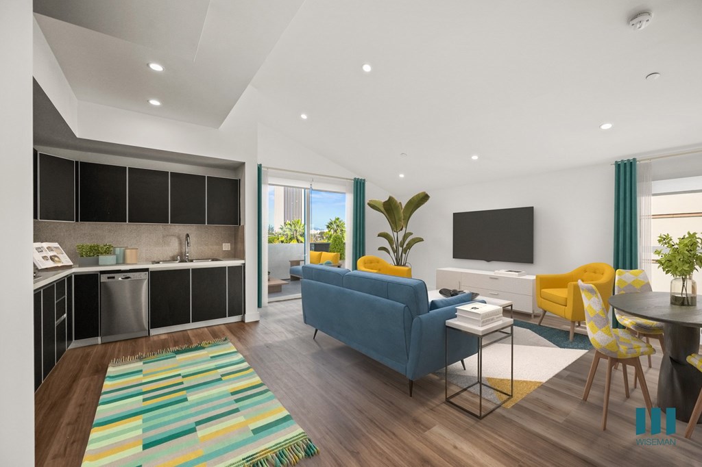 Open-Concept Kitchen, Dining Area, and Living Room with Vinyl Flooring, and Recessed Lighting - Bamboo Floor Plan