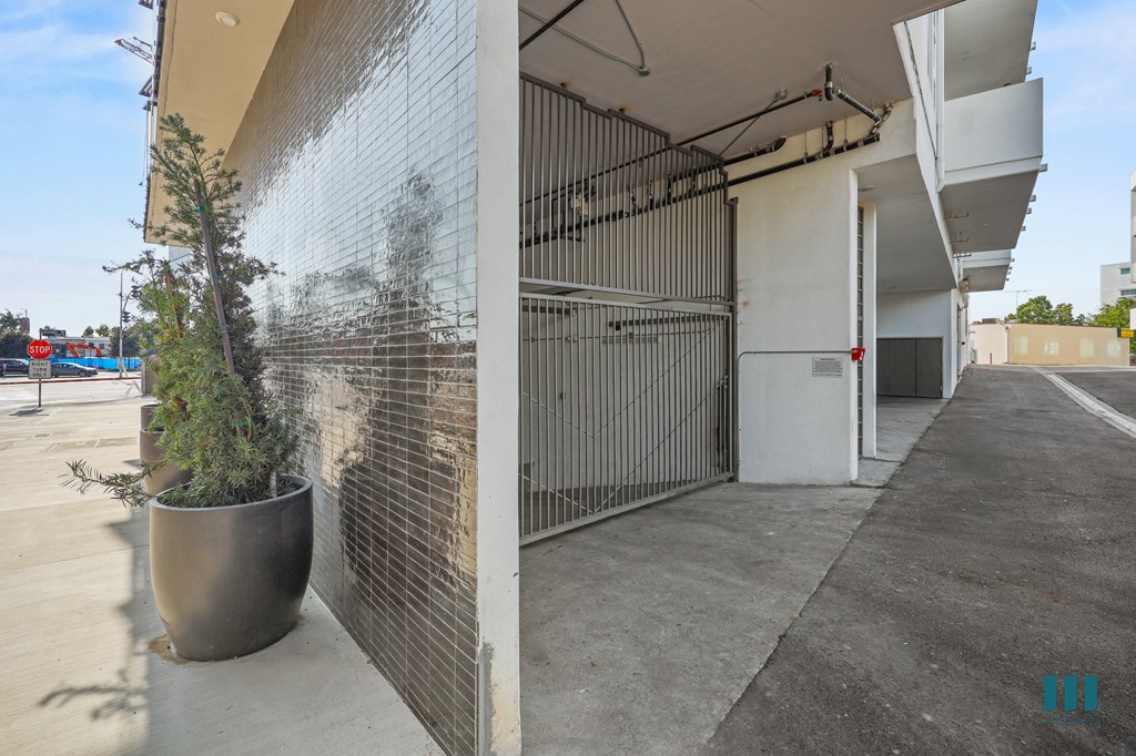 A potted plant sits on a patio next to a metal fence.