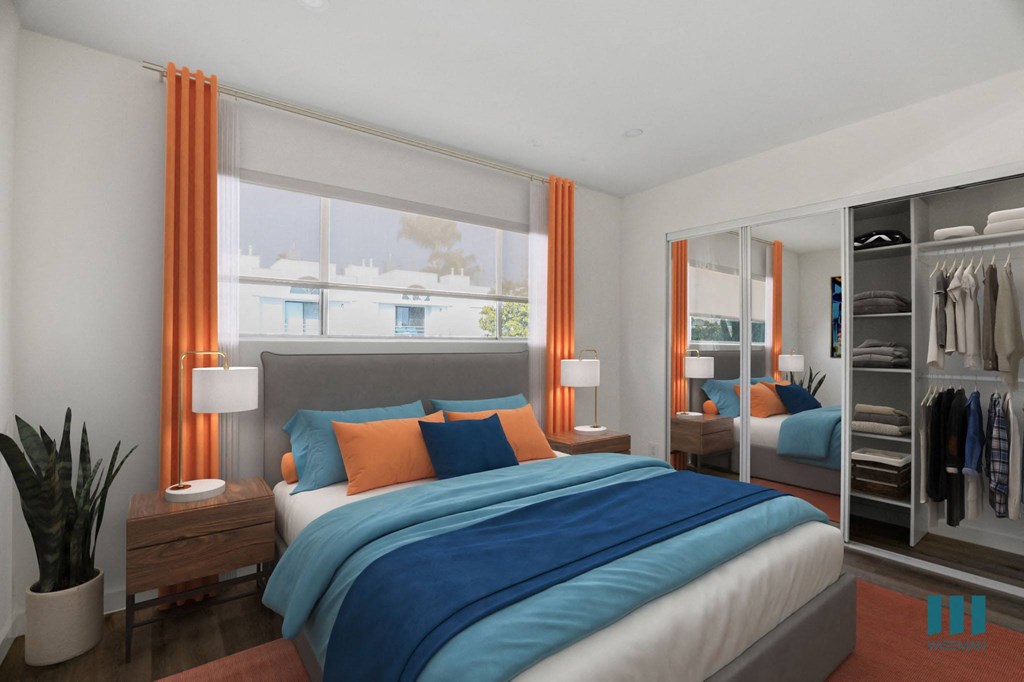 Bedroom with Vinyl Flooring and Large Mirrored Closet with Shelving