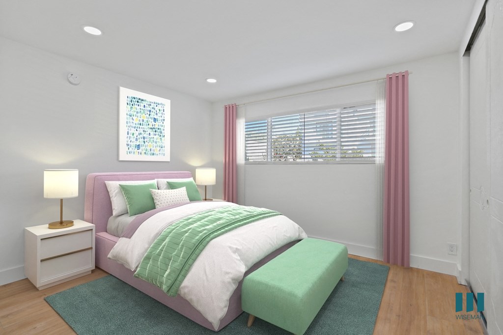 Bedroom with Mirrored Closet, Vinyl Flooring, and Large-Size Windows