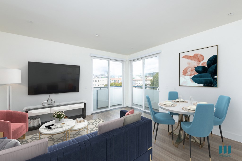 Living Room with Balcony, Recessed Lighting, and Vinyl Flooring