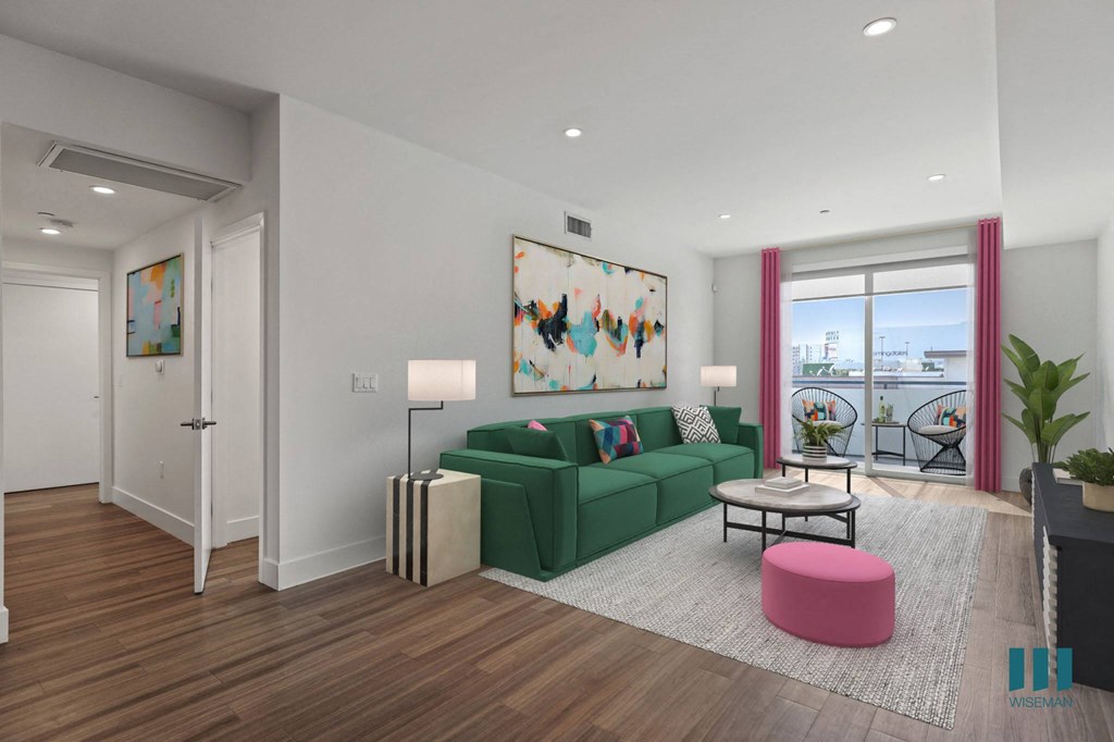 Spacious Living Room with Recessed Lighting, Vinyl Flooring, and Patio