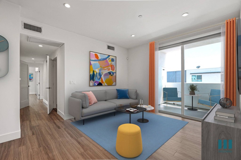 Living Room with Vinyl Flooring, Recessed Lighting, and Patio