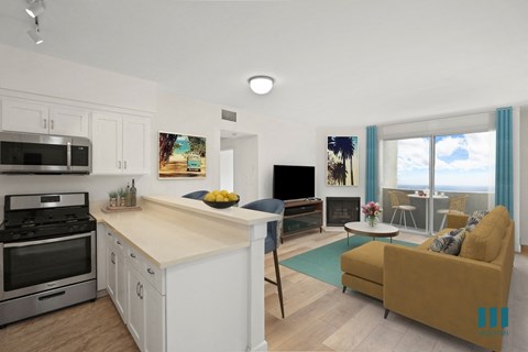 A modern kitchen with a yellow sofa in the living room.