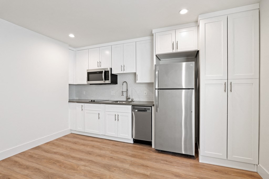 Studio Apartment Kitchen including Dishwasher, Full-Size Refrigerator, and Microwave Oven