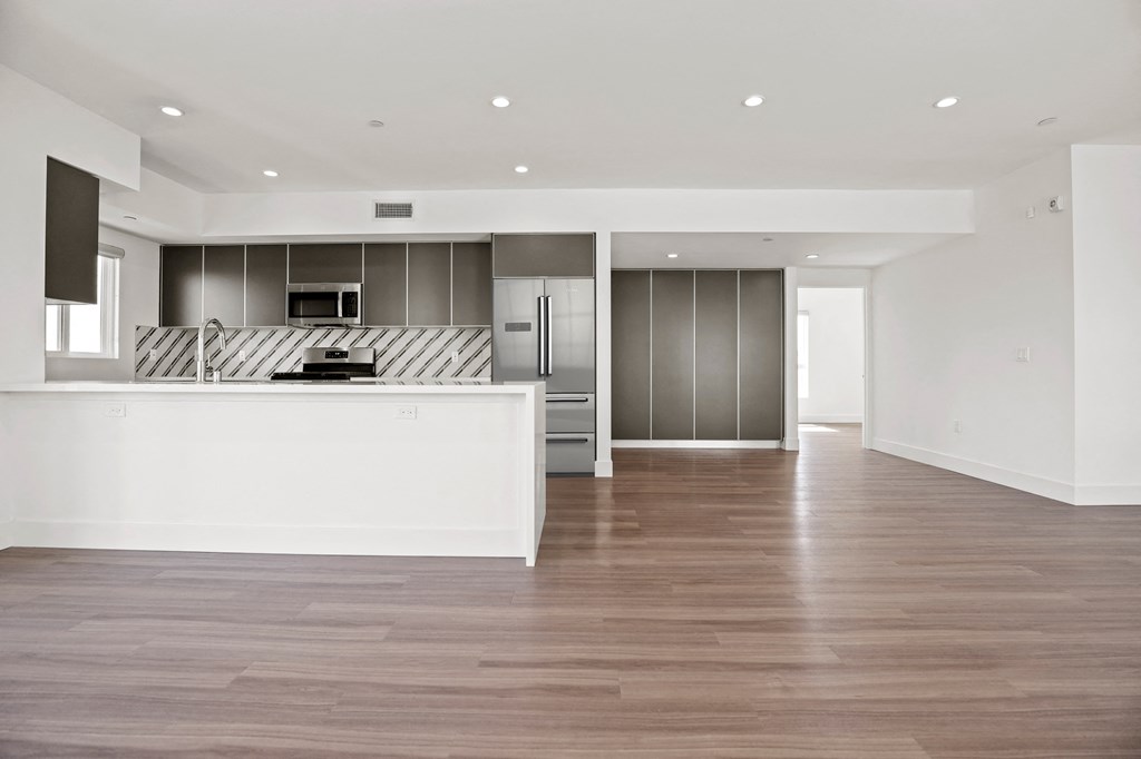 Open-Concept Floor Plan with Recessed Lighting, Built-In Cabinets, and Vinyl Flooring