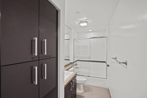 Bathroom with Full-Size Bathtub with Glass Door and Cabinet Storage