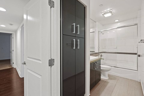Bathroom with Full-Size Bathtub with Glass Door and Cabinet Storage