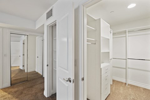 Bedroom with Bathroom, Linen Closet with Shelving, Mirrored Closet, and Walk-In Closet with Built-In Organizers