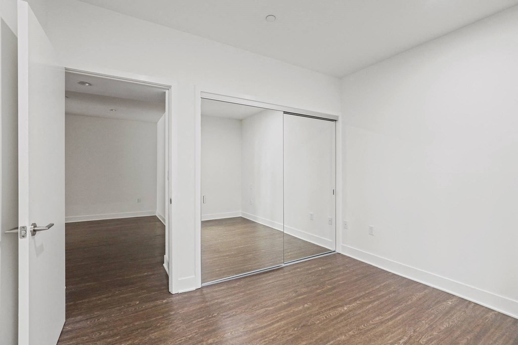 Bedroom with Mirrored Closet and Vinyl Flooring