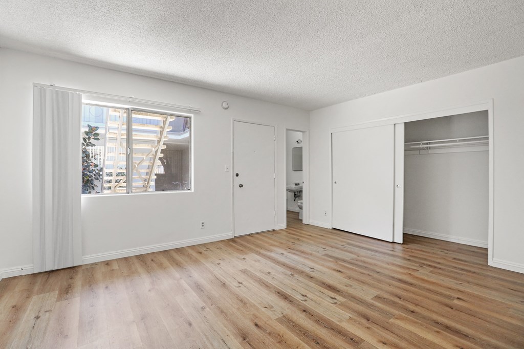 Living Room Space with Large-Size Windows and Closet Storage