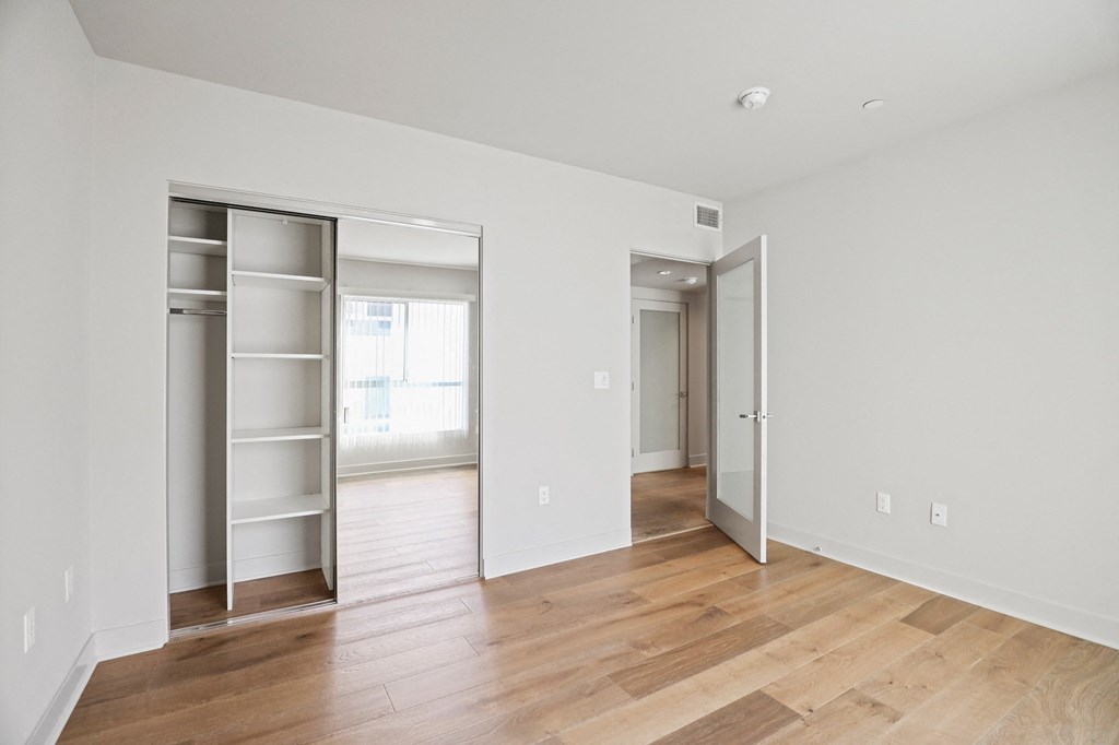 Bedroom with Mirrored Closet with Built-In Shelving and Vinyl Flooring