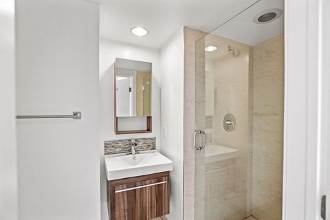 Bathroom with Under Sink Storage and a Standup Showers