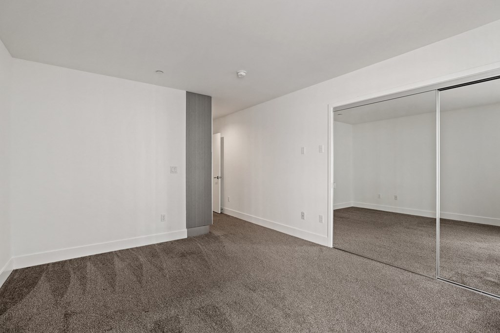Bedroom with Mirrored Closet and Additional Cabinet Storage