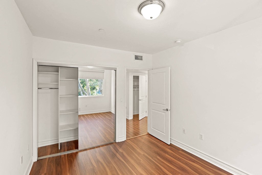 Bedroom with Vinyl Flooring and Mirrored Closet with Built-In Organizers