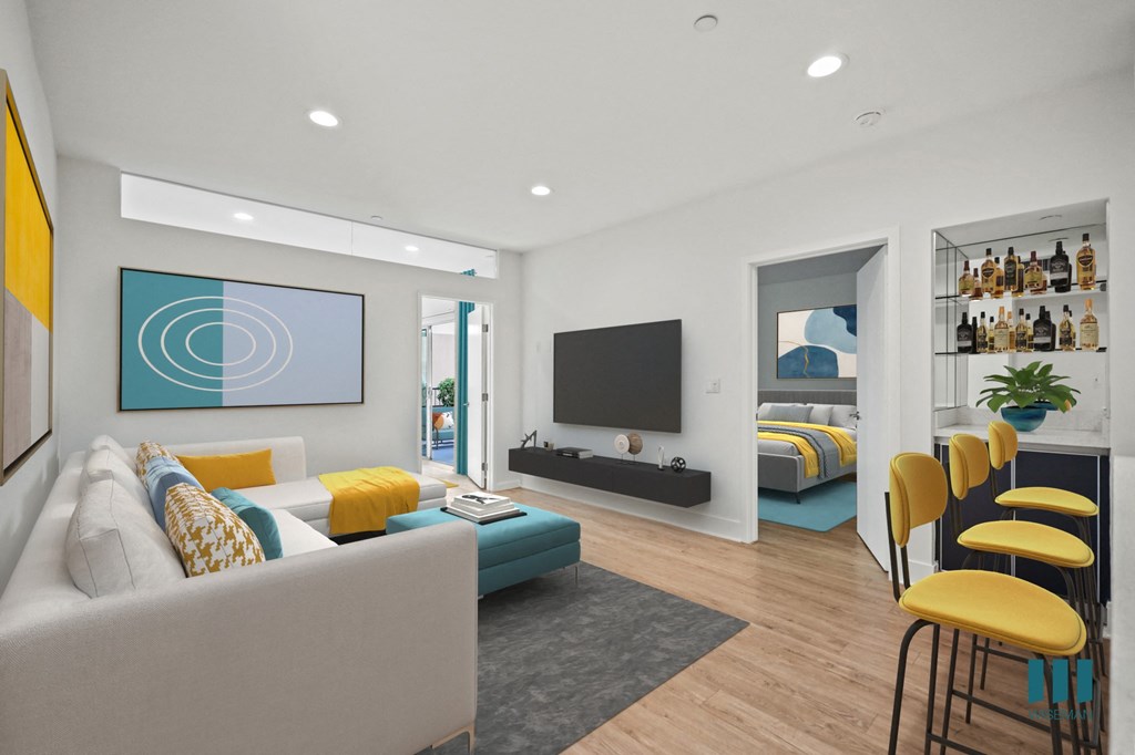 Living Room with Built-In Shelving, Recessed Lighting, and Vinyl Flooring
